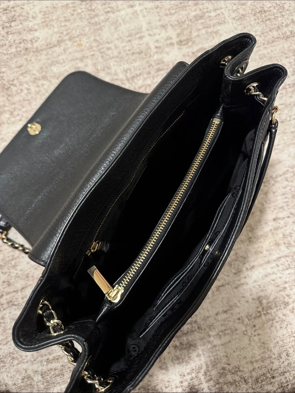 Tory Burch Black Pebbled Leather Chain Shoulder/Crossbody Bag Silver Hardware